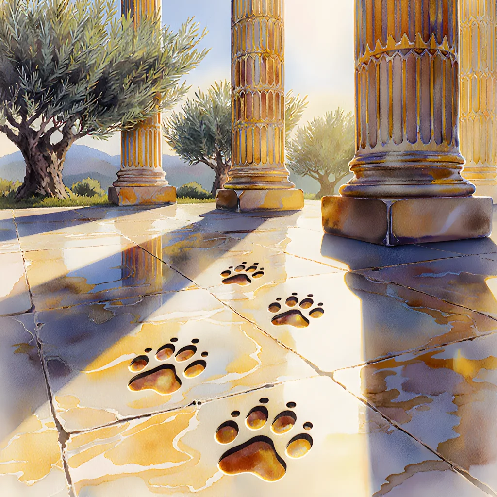 Illustration of a stylized paw print intertwined with classic Greek columns and mythological symbols, representing the fusion of pet culture and ancient lore.