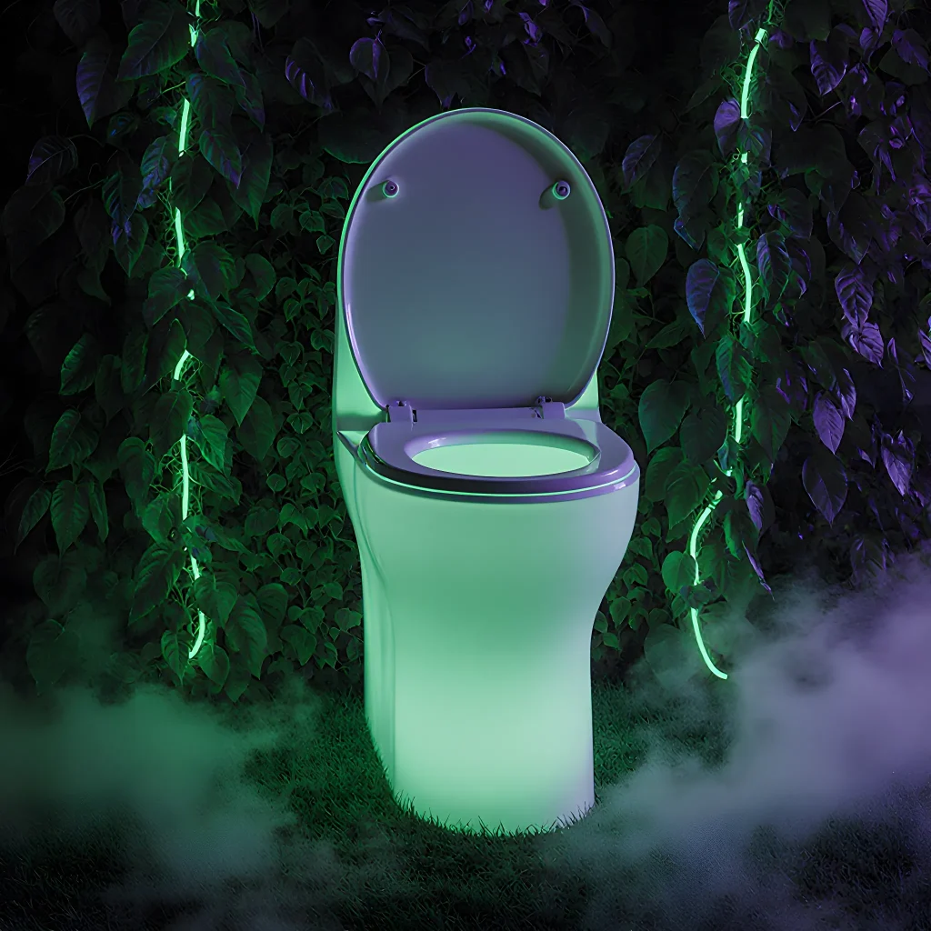 A sleek green compostable toilet insert beside a plant pot, illustrating eco-friendly bathroom solutions