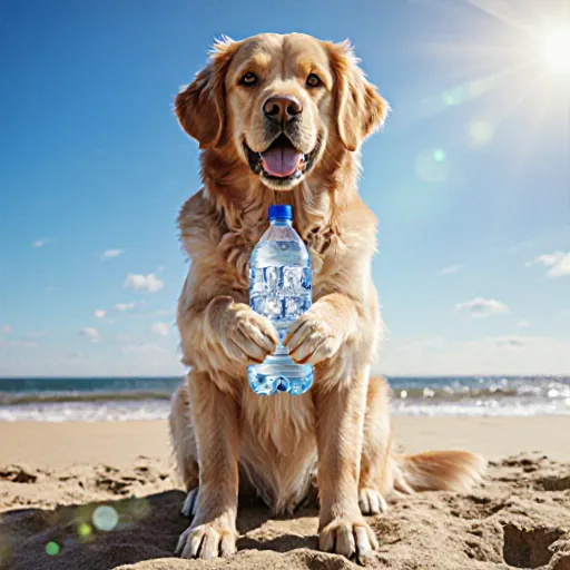 A happy dog wearing a reflective cooling vest on a hot summer day beside a shaded park bench