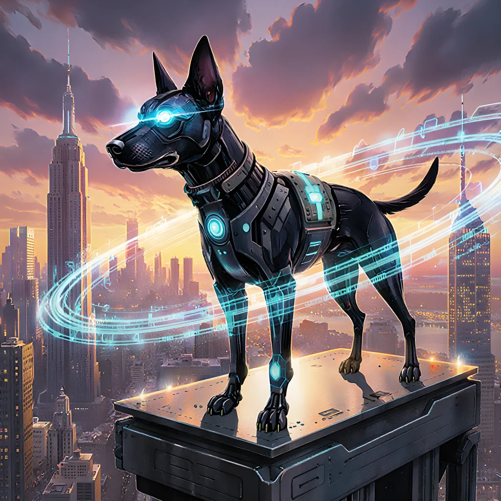 A happy dog wearing a sleek collar with a glowing GPS tracker on its chest, surrounded by digital map lines indicating real-time location tracking.