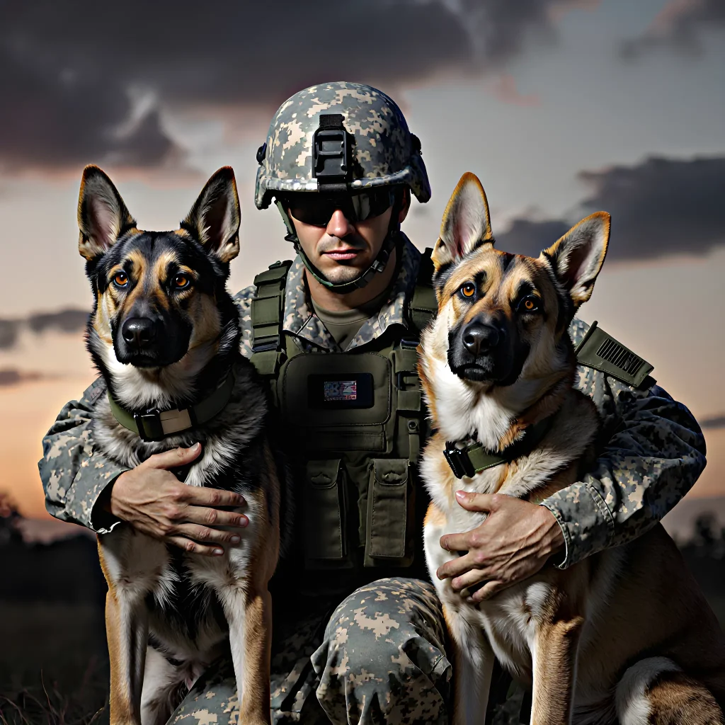A veteran in uniform kneels beside a calm German Shepherd, both sharing a quiet moment of trust and healing