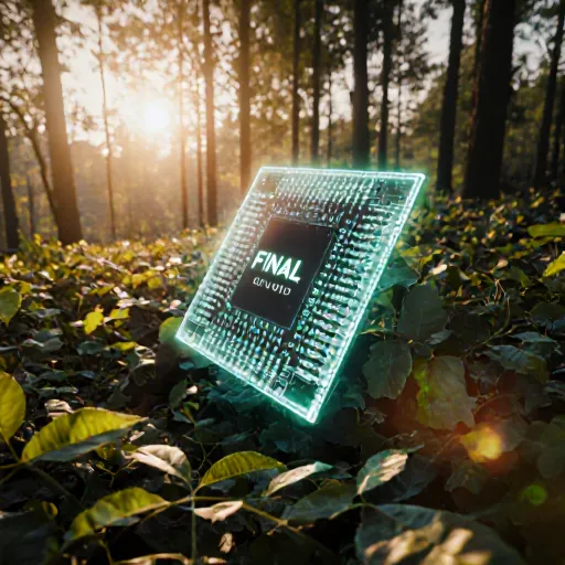 A close‑up of a rugged microchip embedded in a forest trail, symbolizing technology protecting the great outdoors