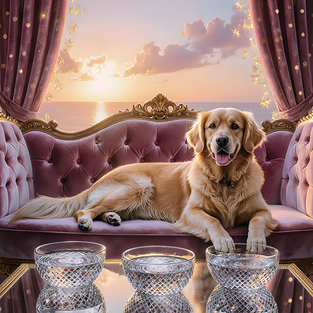 A stylish dog lounge with plush beds, a grooming station, and happy dogs being pampered