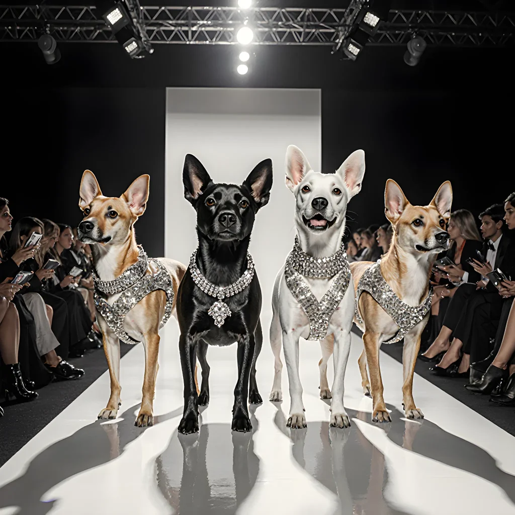 A stylish dog wearing a chic collar and bow tie, standing confidently beside a glamorous runway backdrop