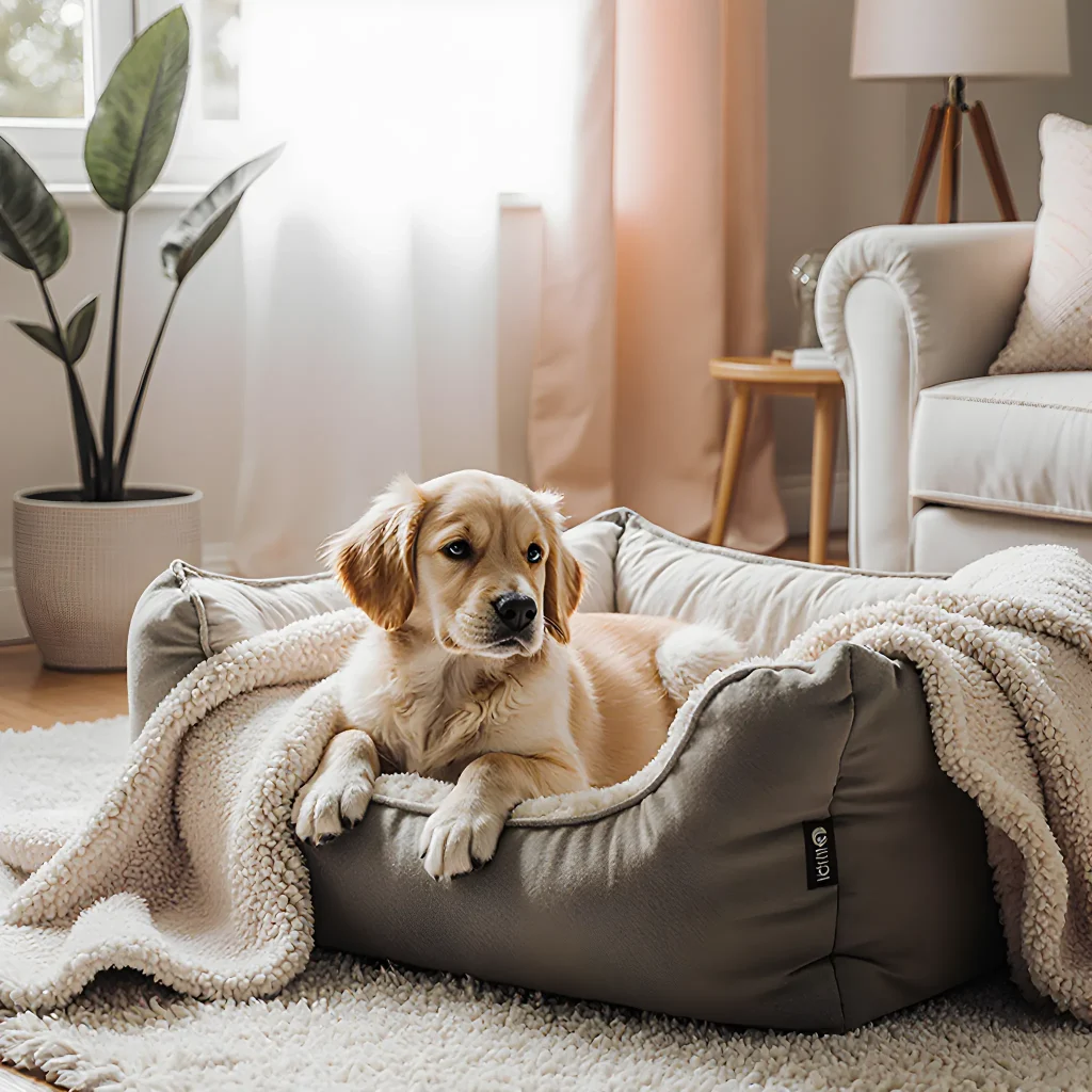 A cozy living room with pet-friendly furniture, soft blankets, and a welcoming space ready for a new dog or cat.