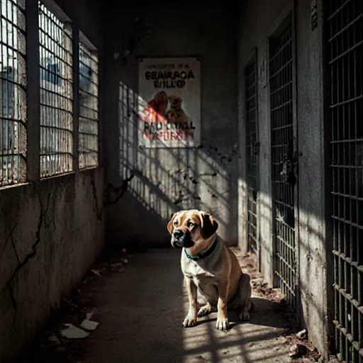 A sobering image of a puppy in a cramped kennel, symbolizing the cruel conditions of puppy mill operations.