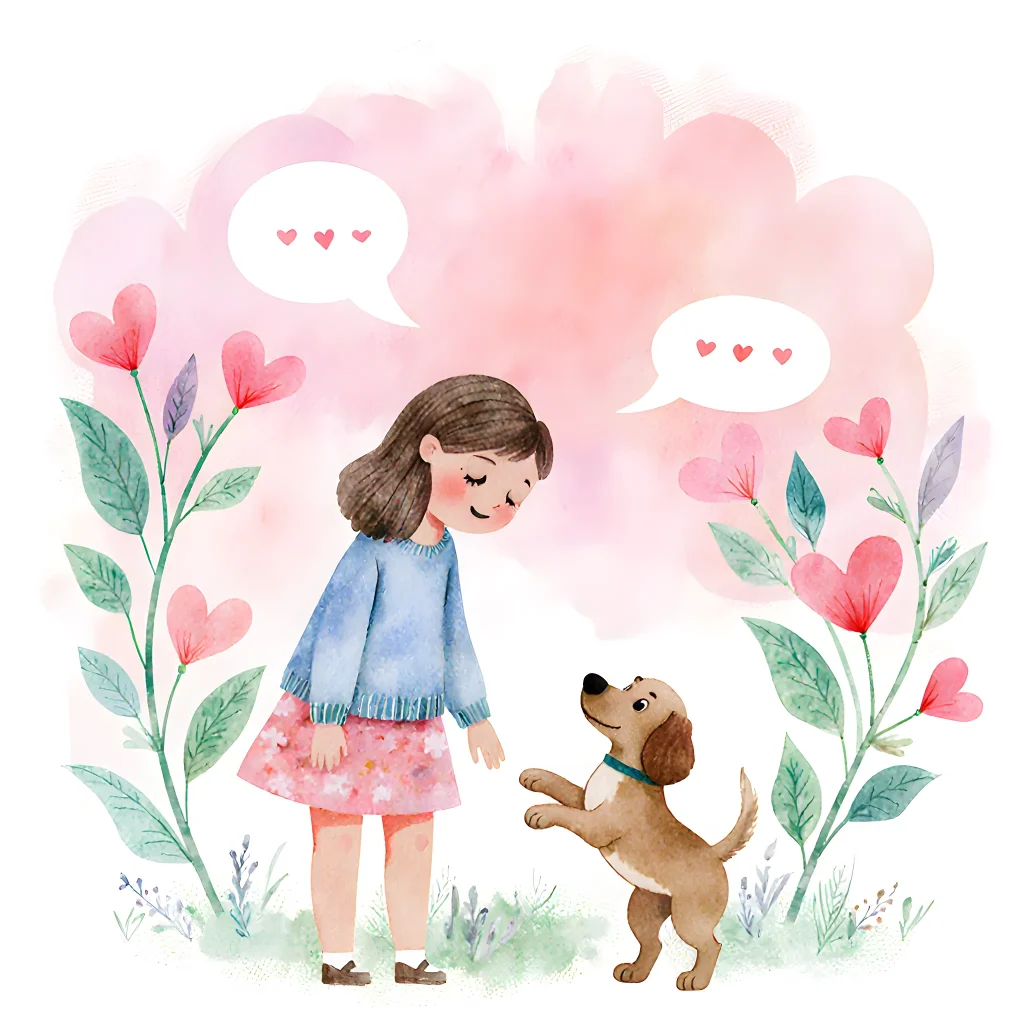A joyful dog wagging its tail while a person smiles, symbolizing the search for a new best friend