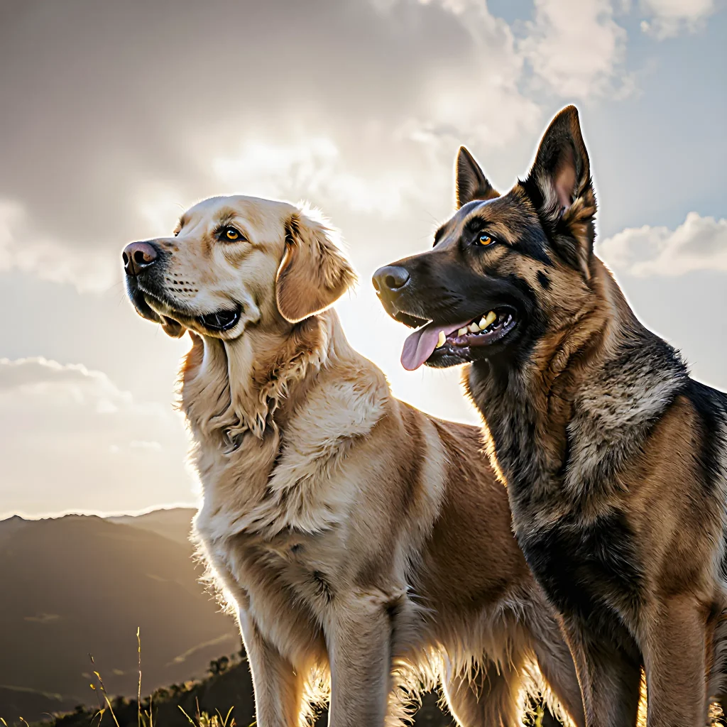 A group of heroic service dogs standing proudly beside their human partners in a sunny park