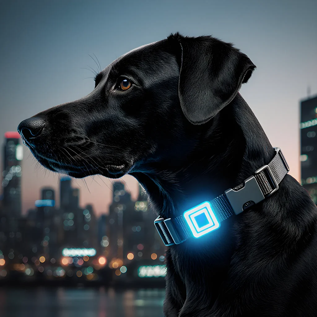 A close‑up image of a dog wearing a collar with a small electronic chip embedded in the collar, symbolizing advanced pet safety technology.