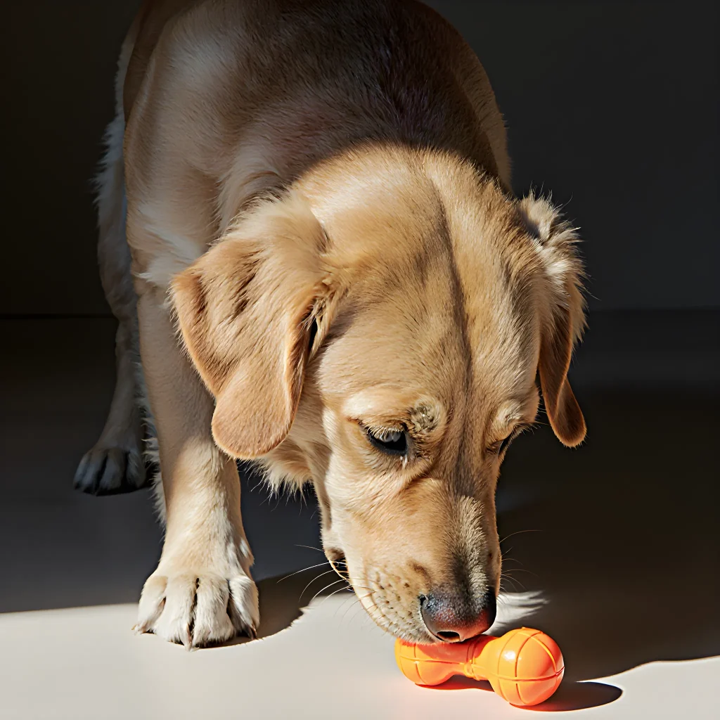 A worried dog owner inspecting everyday objects like small toys, cleaning supplies, and garden tools that could pose hidden dangers to pets