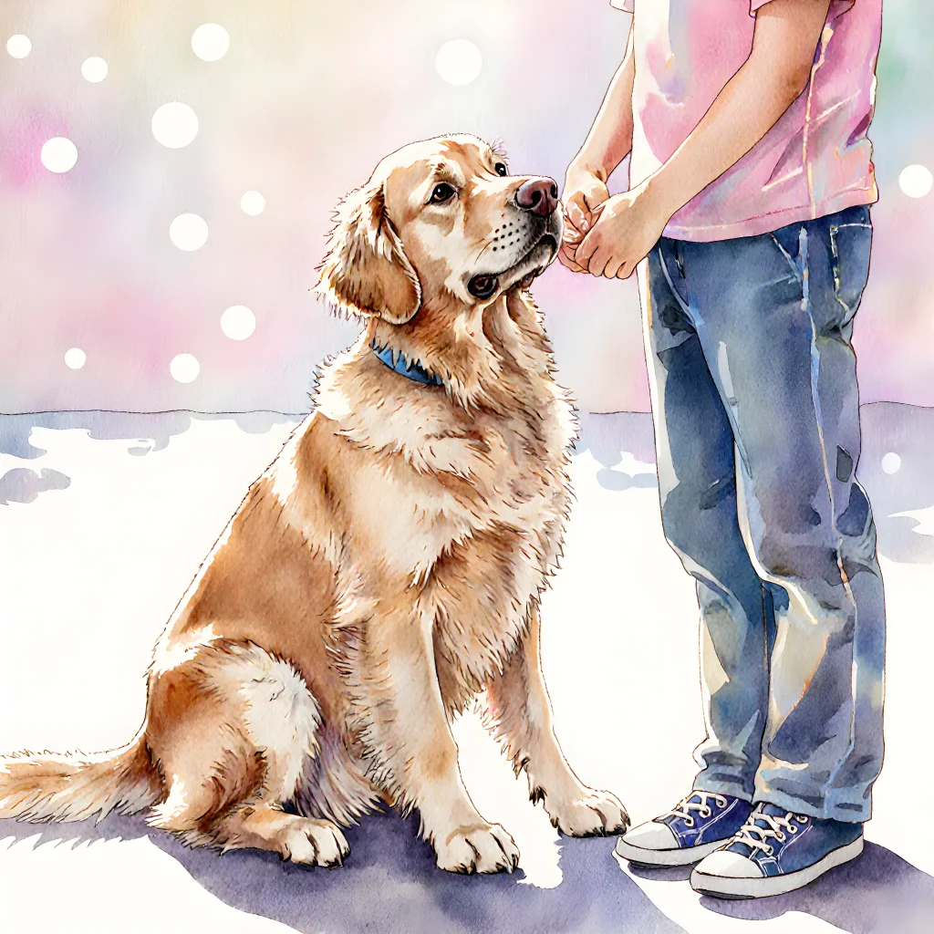 Therapeutic dog standing beside a person with autism, both smiling in a sunny park setting.