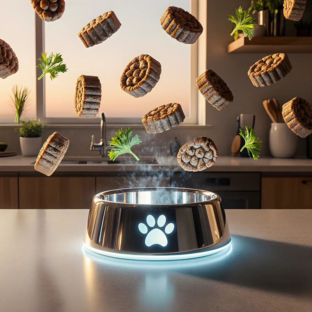 A happy dog eating a bowl of high-tech, nutrient‑rich food with a futuristic tablet displaying nutritional data in the background