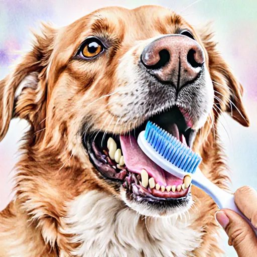 A close-up of a person gently brushing a dog's teeth while the dog smiles.