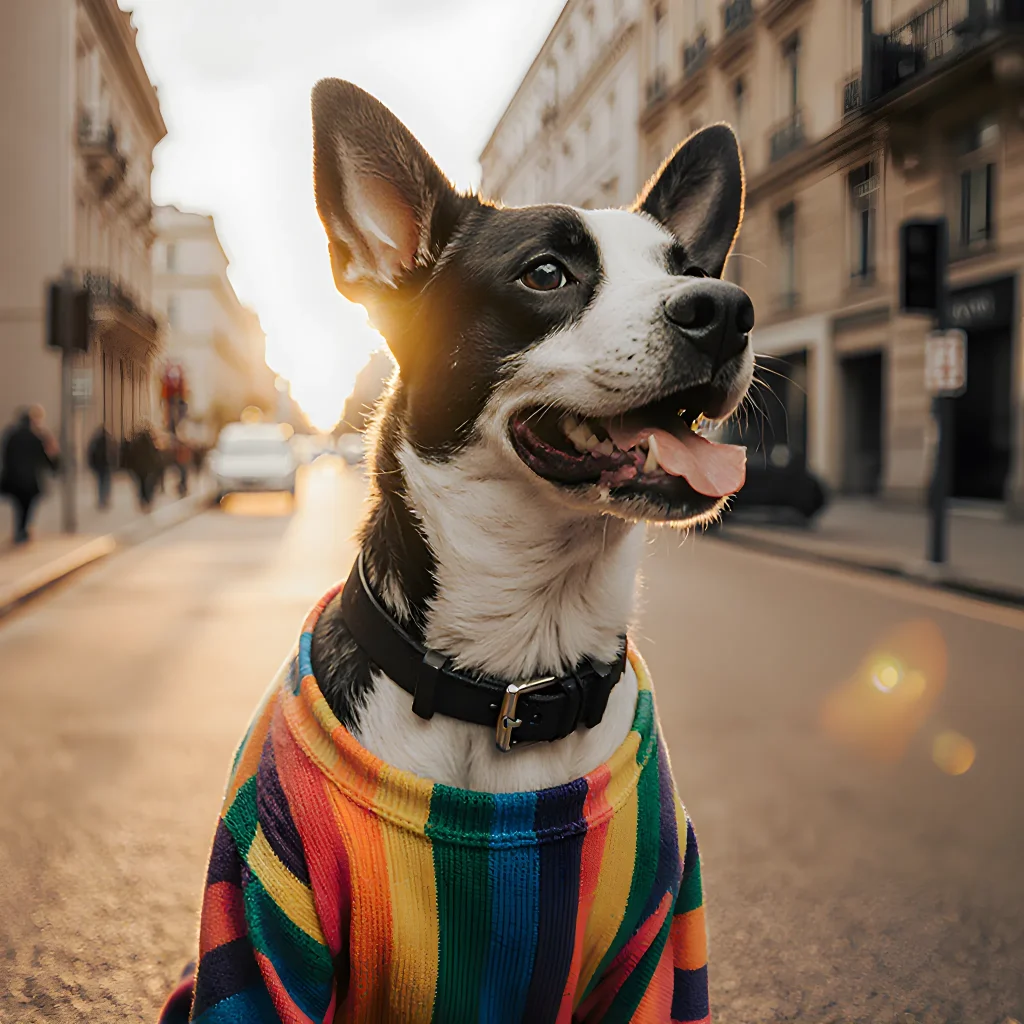 A cheerful dog wearing a stylish collar and cozy sweater, with a human holding the outfit options nearby