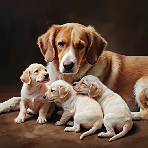 A mother dog nursing her puppies with assistance from a caring owner