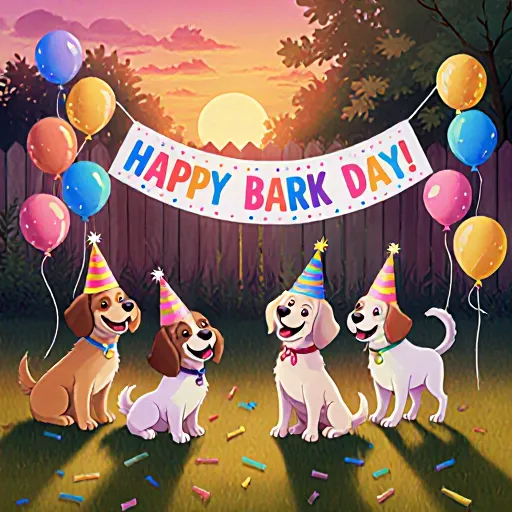 A cheerful dog surrounded by colorful balloons, cake, and party hats on a backyard lawn