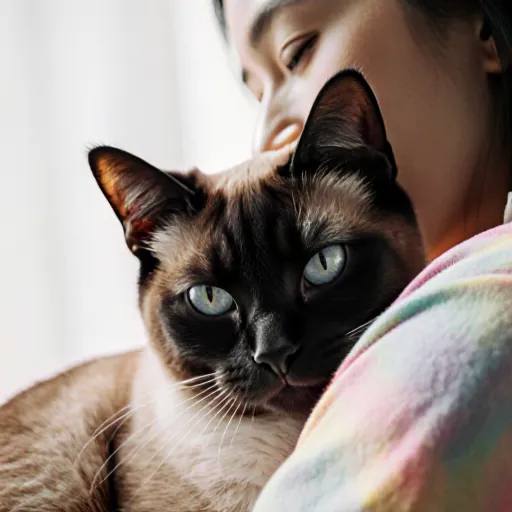 A close-up photo of a Siamese cat expressing affection.