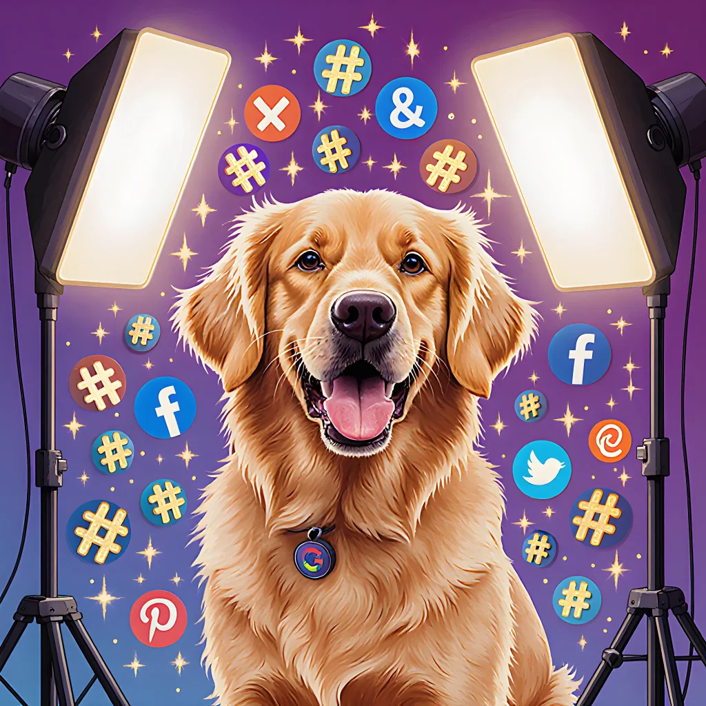 A playful golden retriever sitting in front of a laptop screen displaying social media icons, ready for a photo shoot