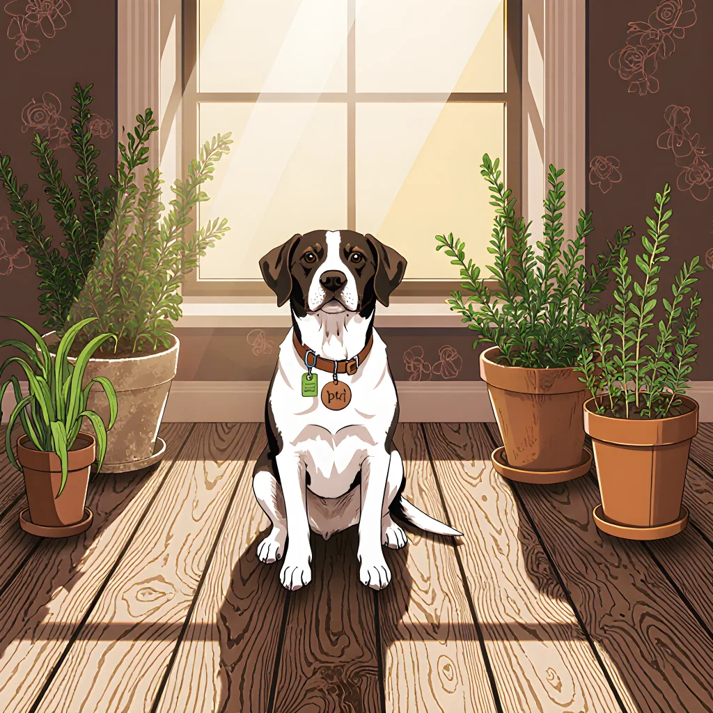 A cozy living room featuring a happy dog on a reclaimed wood rug with plants and sustainable décor elements
