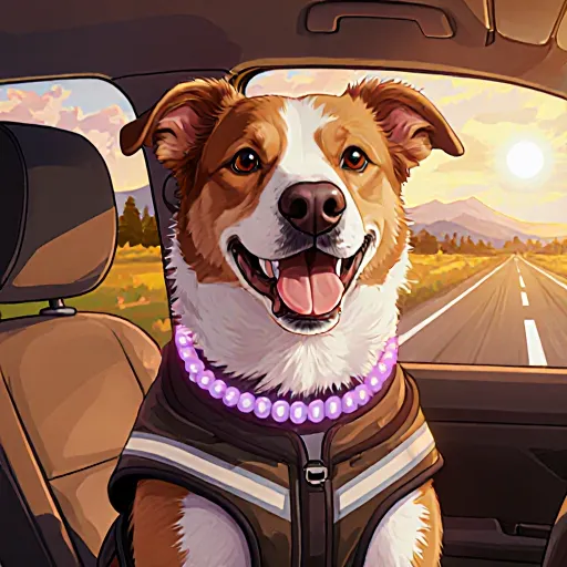 A happy dog in a car seat with a backpack, ready for a road trip