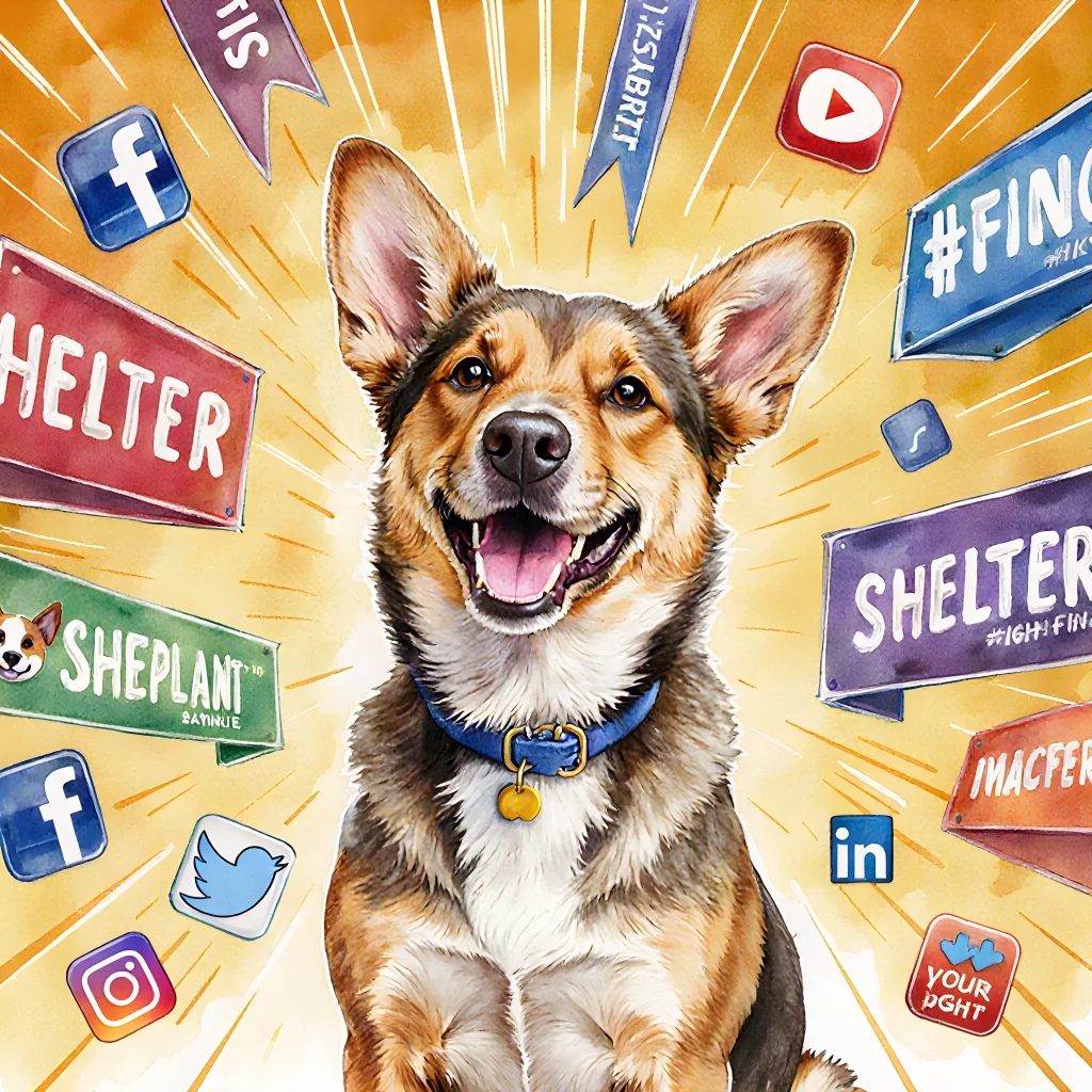 Illustration of a happy shelter dog surrounded by colorful campaign icons like hashtags, flyers, and heart symbols
