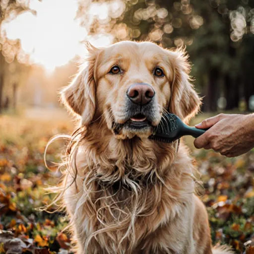 A happy long‑haired dog with a sleek coat, being brushed by its owner in a bright living room