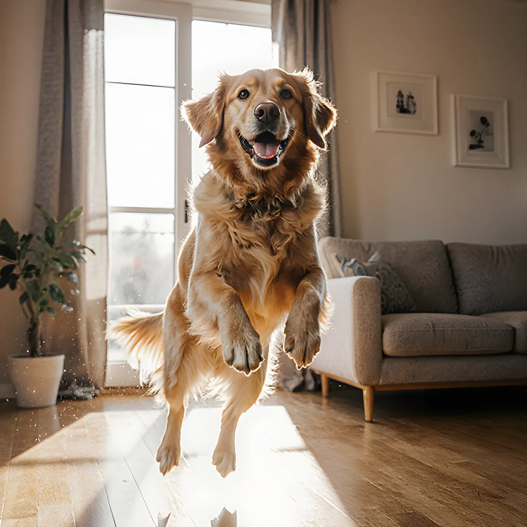 A photographer setting up a home studio with softbox lights, a DSLR camera on a tripod, and a happy golden retriever posing beside them
