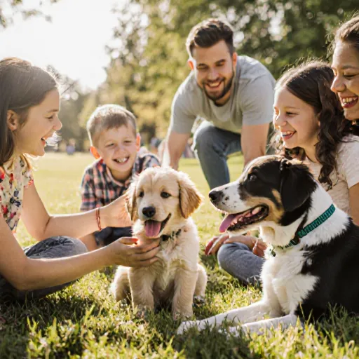 Tips for socializing a dog with an image of a friendly puppy surrounded by different people