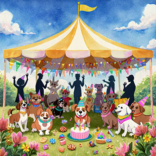 Illustration of a joyful dog party with balloons and treats