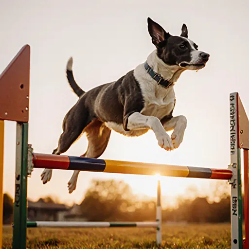A cheerful dog leaping over a hurdle in an agility course while its owner gives encouragement