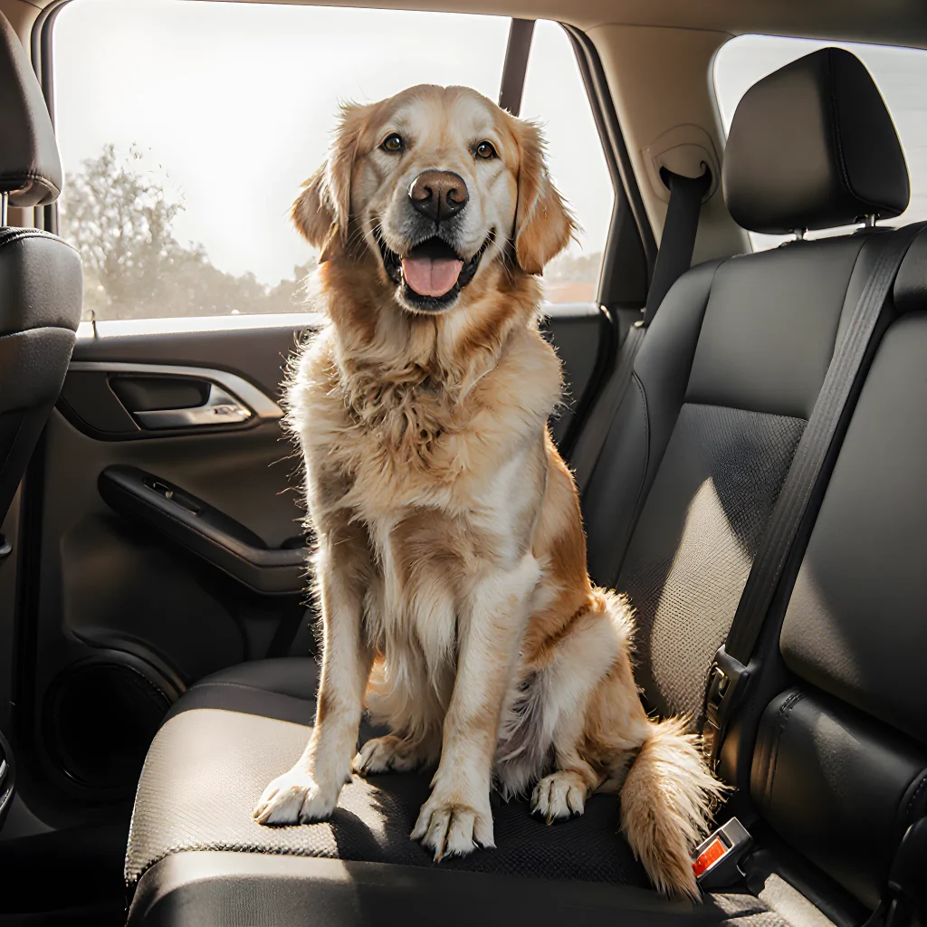 A happy dog sitting peacefully beside a car seat, looking out the window as the vehicle moves along a scenic road