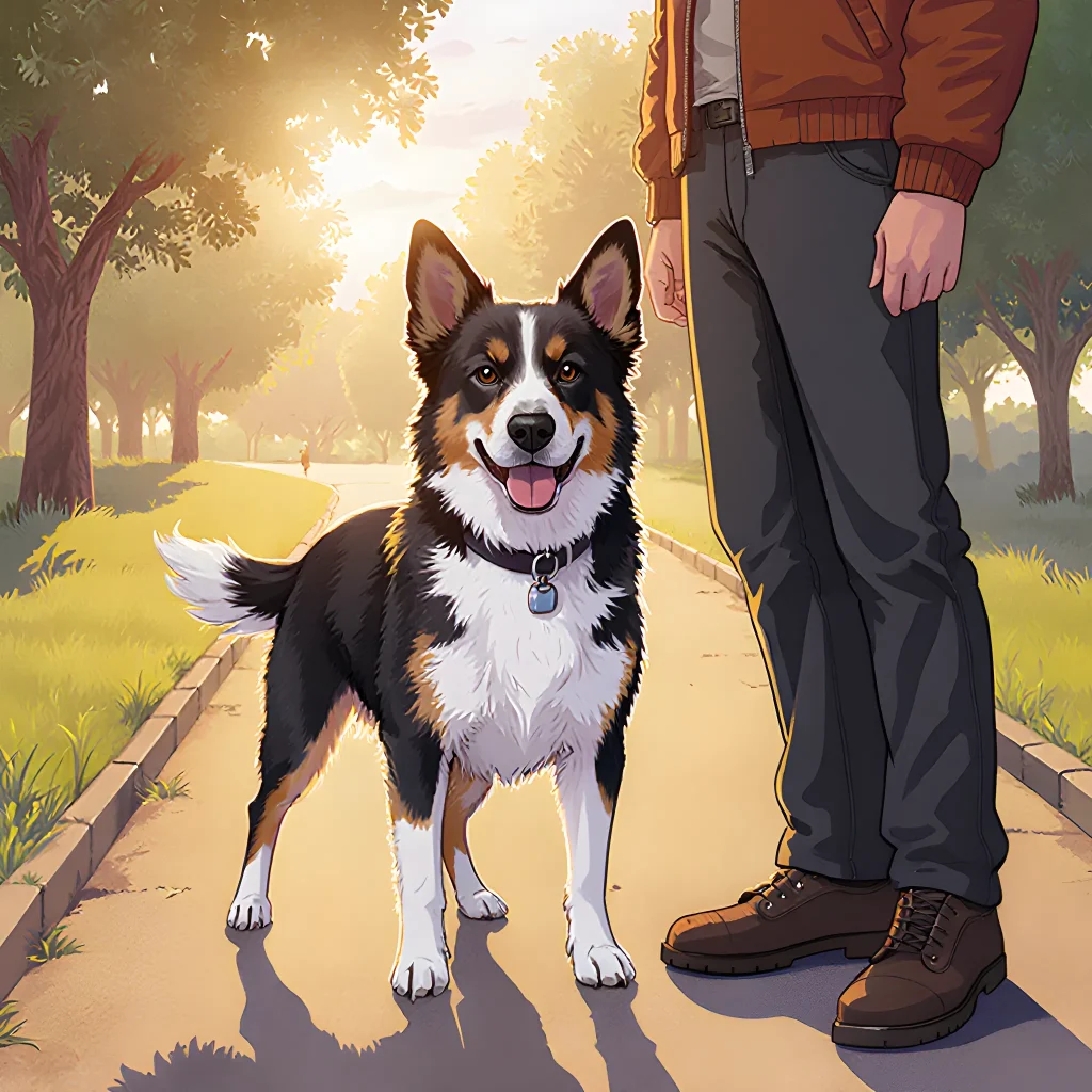 A confident dog standing beside its owner in a park, calmly watching people walking by