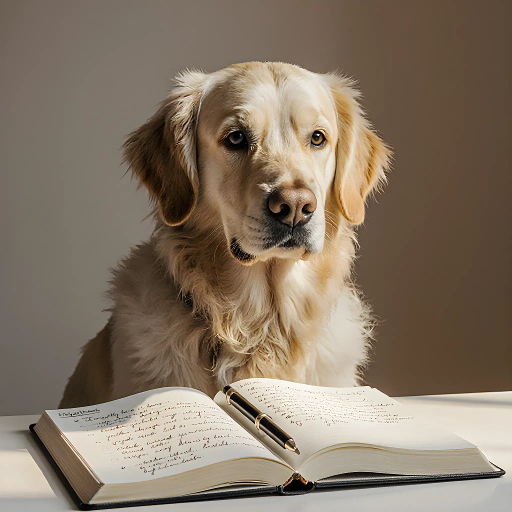 A calm dog in a cozy living room, gently resting its head on a human's lap while the person smiles reassuringly.