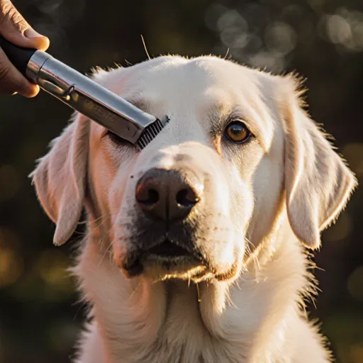 A professional dog groomer gently trimming a dog's eye area with precision tools while keeping the pet calm
