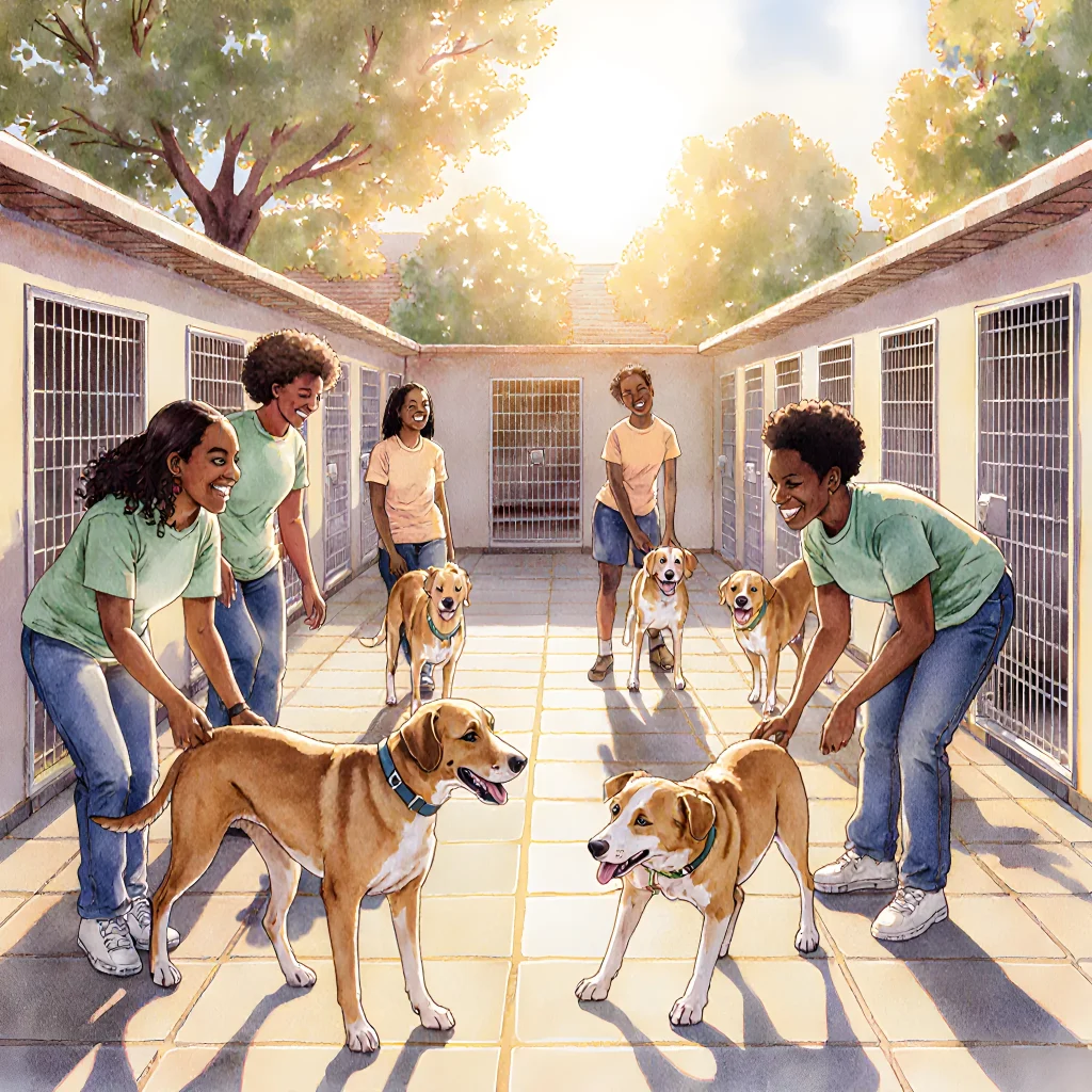 A volunteer with a friendly golden retriever in a bright animal shelter waiting area