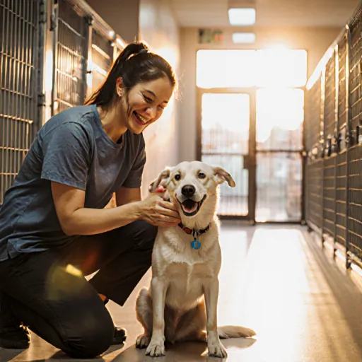 A volunteer hands a bowl of food to a happy dog in a bright shelter kitchen