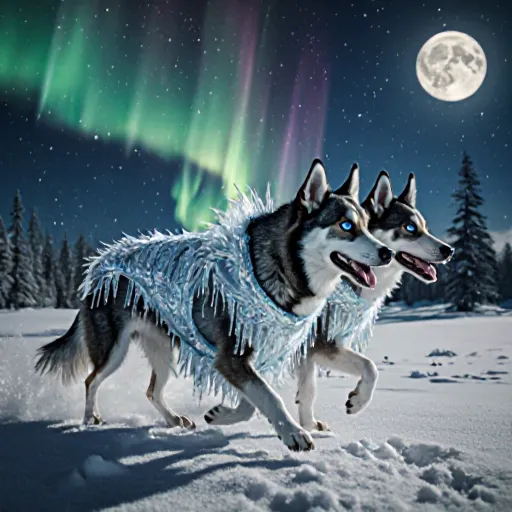 Team of energetic sled hounds sprinting across a snowy landscape, with icy cliffs and a clear blue sky in the background