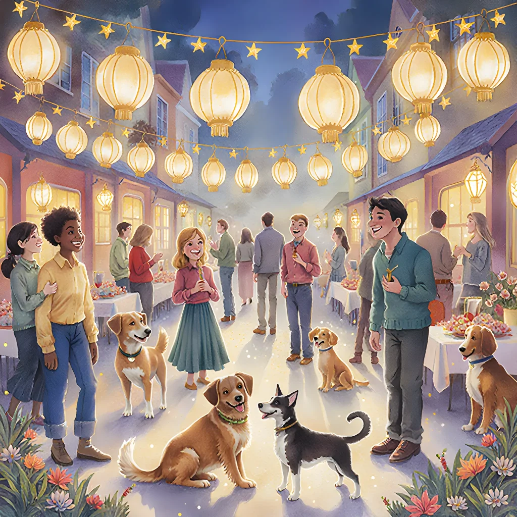 A vibrant night scene of a local adoption gala, guests in elegant attire mingling under fairy lights with banners that read 'Ignite Local Love: Unforgettable Adoption Gala Magic'.