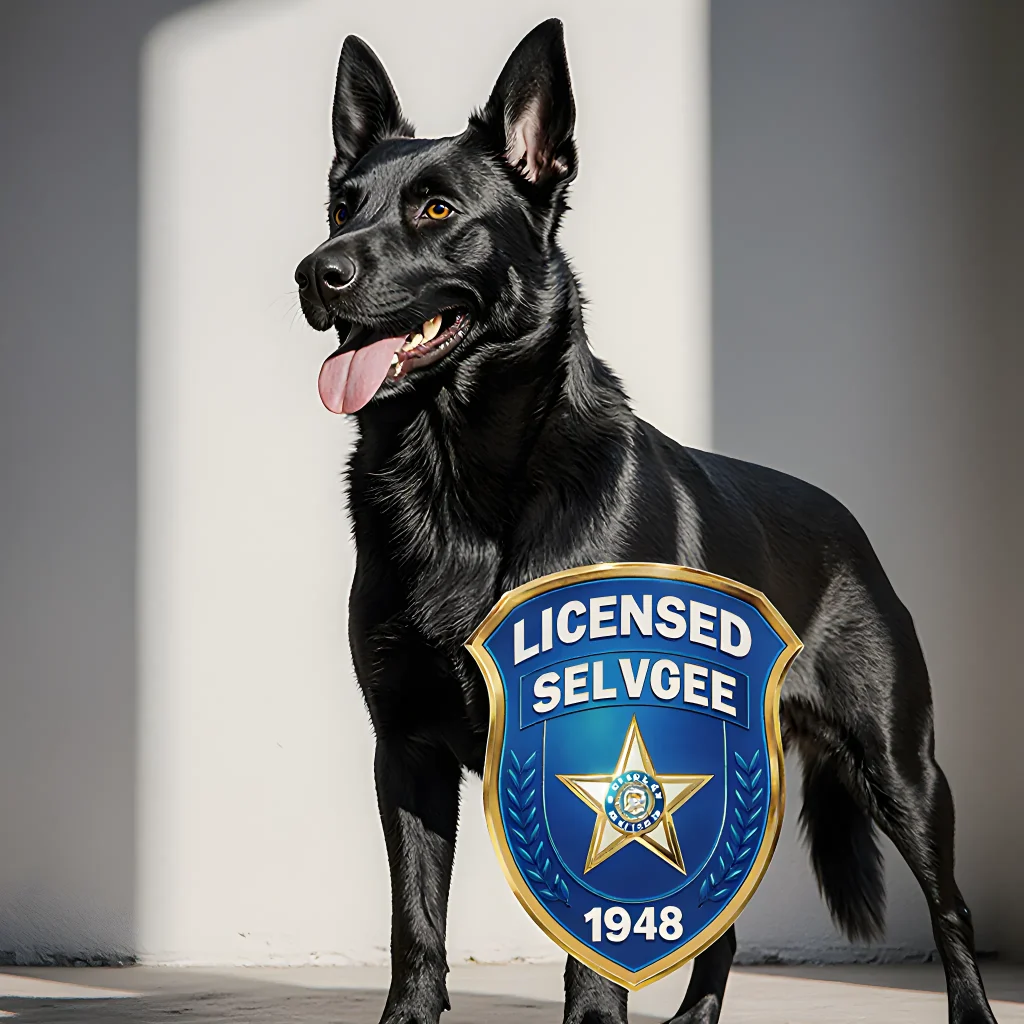 Illustration of a certified service dog beside a legal document, symbolizing licensing rules