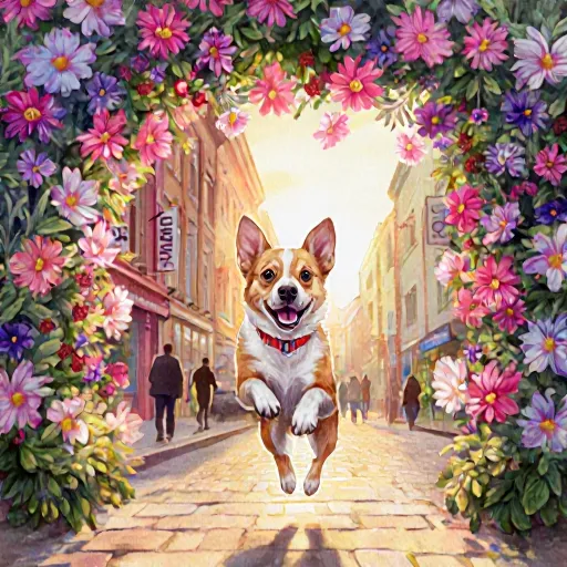 A collage of smiling dogs posing in front of a vibrant background, with Instagram icons and heartwarming captions promoting dog welfare