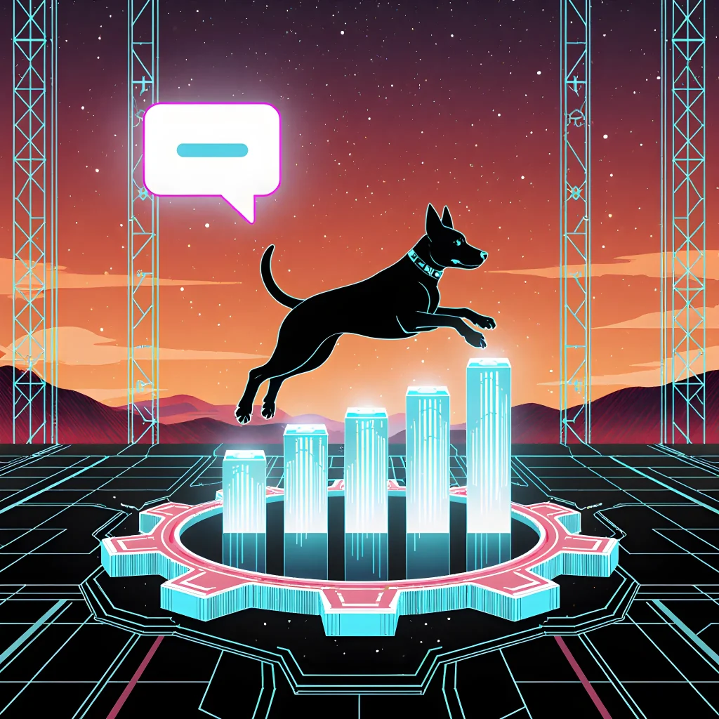 A mobile app interface showing a playful dog silhouette beside a progress chart, symbolizing growth and training