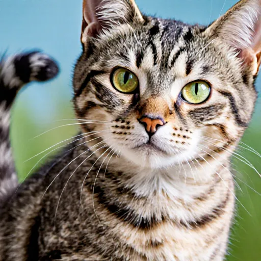 Image of a curious cat sitting in front of its owner, showcasing various communication gestures