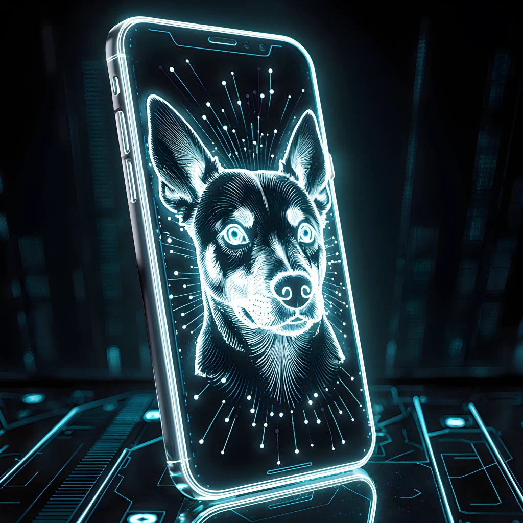 Illustration of a smartphone screen displaying a colorful graph of a dog's mood, with playful dogs and heart icons around it