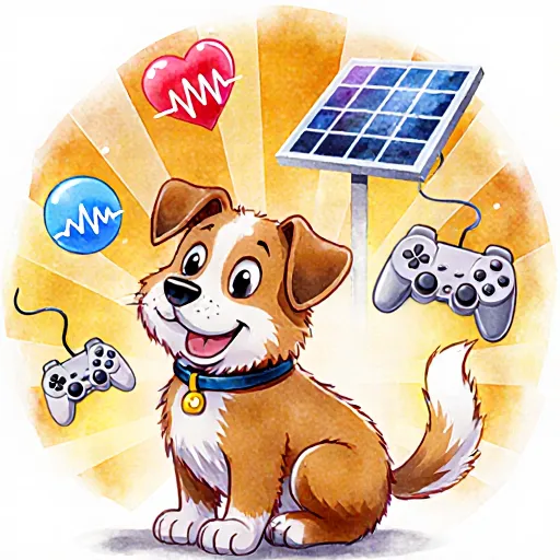 A happy dog with its tail high, surrounded by smartphone icons representing energy, health, and play features