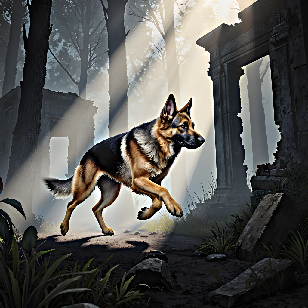 A group of highly trained detection dogs on a mission, noses in the air, tracking invisible dangers while their handlers watch closely.