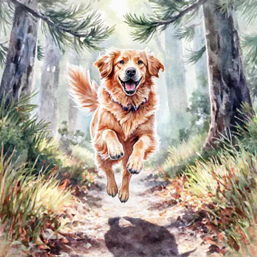 A cheerful dog running on a sunny forest trail with its owner walking beside it