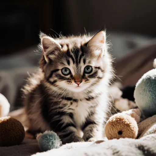 Kitten playing safely under supervision with toys
