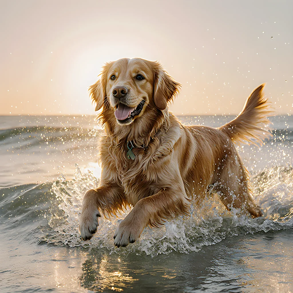 A happy dog splashing playfully in calm ocean waves, with a sunny shoreline backdrop