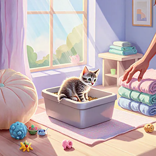 Illustration of a kitten using a litter box with step-by-step guide nearby