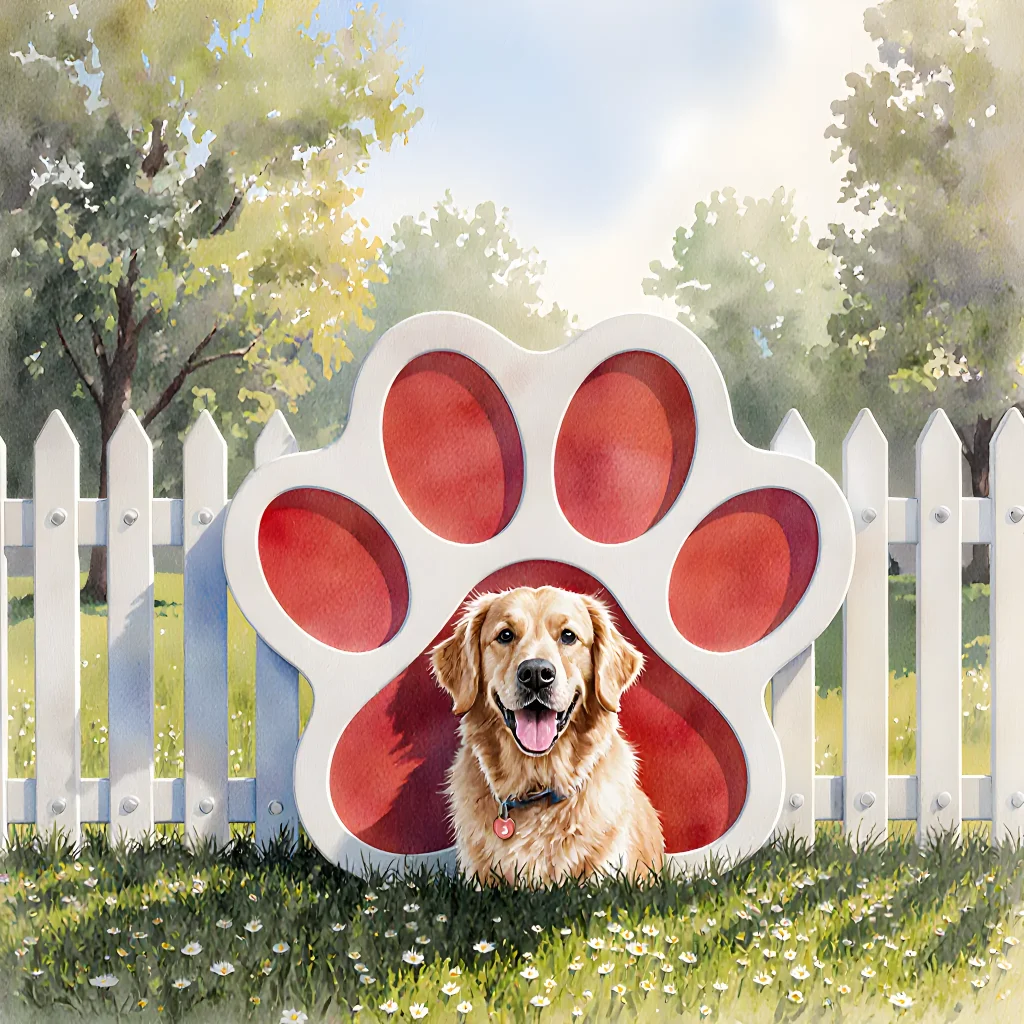 Illustration of a dog happily playing in a fenced backyard with modern safety barriers ensuring its security